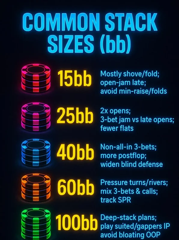 Common poker stack sizes infographic for cash games and tournaments