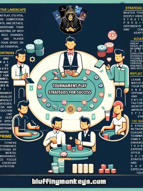 Tournament play strategies infographic covering early, middle, and late stage decisions
